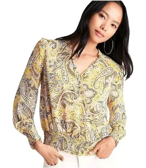 Ann Taylor Womens M Yellow Paisley Smocked Hem Wrap V-Neck Blouse Long Sleeve thumbnail 1