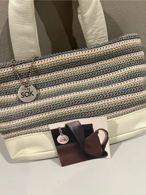 The Sak White Gray Seafoam Striped Crochet Tote Bag Leather Trim Mini Tote Purse thumbnail 7