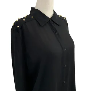 Forever 21 Women Size Medium Button Up Shirt Studded Lightweight Black #14-85E thumbnail 2