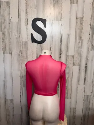 SHEIN Hot Pink Sheer Mesh Mock Neck Long Sleeve Crop Top Womens Small NWT thumbnail 3