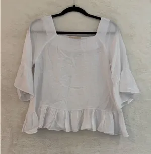 Moon River White Square Neck Ruffle Peplum Blouse Tiered Bell Sleeve Top KR1644 thumbnail 1