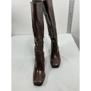 Womans Suedi Knee High Boots Brown Croc Faux Leather 8 Block Heel 1/2 Zip NWOT thumbnail 3
