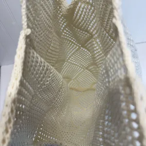 Crochet Mesh Hobo Tote Bag Ivory Cream Knit Beach Bag Boho Summer Shoulder NEW thumbnail 2