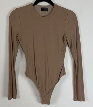 White Fox Ribbed High Neck‎ Long Sleeve Bodysuit in Tan Size Medium thumbnail 1