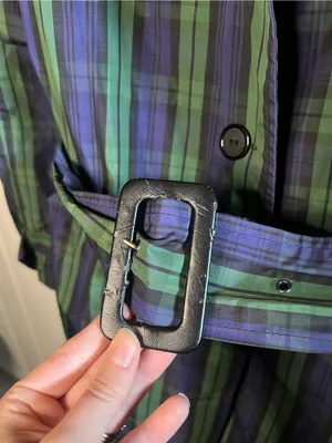 Vintage Jeffrey Banks Plaid Trench Coat Longline Belted Green Purple Size M thumbnail 3