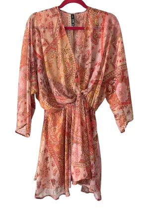 Mango Boho Floral Print Long Sleeve Flowy Chiffon Mini Dress Womens size 4 Small thumbnail 1