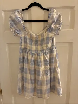 Prómesa Women’s Brand Light Blue and Cream Plaid Puff Sleeve Dress Size Small thumbnail 4