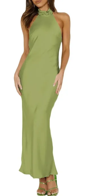 NWT Olive Green Satin Halter Neck‎ Backless Maxi Dress Formal Wedding - XL thumbnail 1
