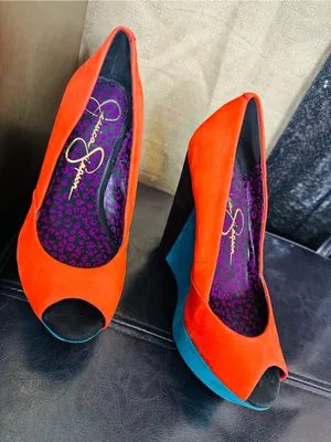 Jessica Simpson Orange and Blue Suede Peep-Toe Wedge Heels thumbnail 2