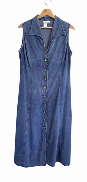 Vintage Coldwater Creek Womens Modest Country Denim Maxi Dress Size M Cotton thumbnail 1