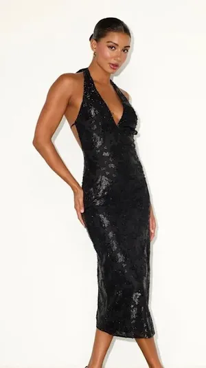 Lulu's Black Burnout Lurex Backless Halter Midi Dress thumbnail 1