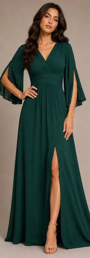 KOH KOH Emerald Green Split‎ Bell Sleeve V-Neck Maxi Dress NT408 Womens XS NWT thumbnail 1