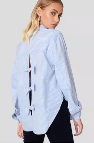 Free People Blue White Tie It In A Bow Oversized Cotton Button Down Shirt L thumbnail 1