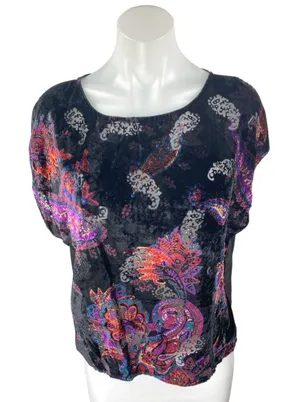 Ecote Multicolor Velvet Velour Paisley Short Sleeve Sheer Mesh Blouse Top Size M thumbnail 1