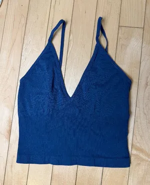By Together Slate Blue Ribbed & Seamless Low Back Stretch Bralette Top Size S/M thumbnail 1