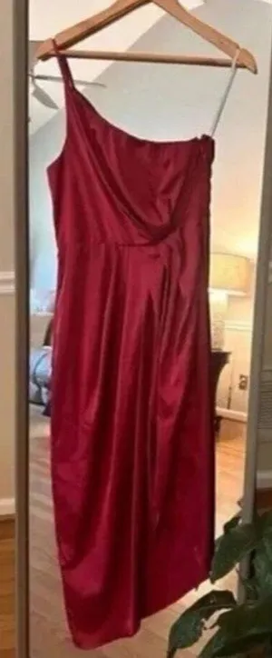 Lulus Pink Satin One Shoulder Asymmetrical Midi Dress Size Medium thumbnail 1