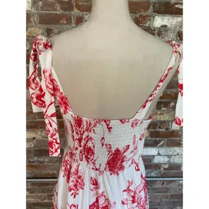 Red White Floral Toile Maxi Dress Tie Shoulder Low Back Tiered Hem Women Size L thumbnail 7