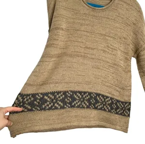 Hem & Thread Tan Knit Gray Fair Isle Stripe 3/4 Length Sleeve Sweater thumbnail 6