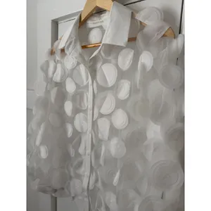 White Sheer Mesh 3D Applique Floral Button Down Blouse Long Sleeve Top M thumbnail 12