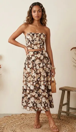 Abercrombie & Fitch Brown Floral Tube Top and Midi Skirt Set thumbnail 1