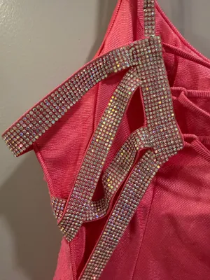 Alyce Paris Sequin Detail Corset Lace-Up Back Rhinestone Studded Straps Mini Dress Bright Pink thumbnail 6