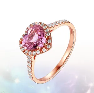 14K Rose Gold Plated Adjustable Pink Gemstone Crystal Love Heart Ring for Women thumbnail 2