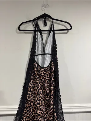 Leopard Print Lace Trim Halter Chemise Nightdress Black & Tan high side slits thumbnail 4