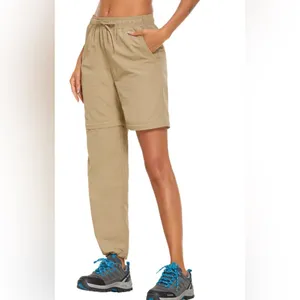 WOMENS Long CONVERTIBLE In Short HIKING PANTS Beige Large Pocket Elastic Tie thumbnail 2