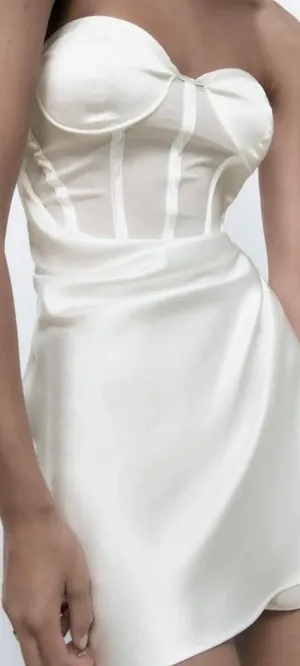 Zara dress white wedding corset bridal shower mini sleeveless satin lingerie effect thumbnail 3