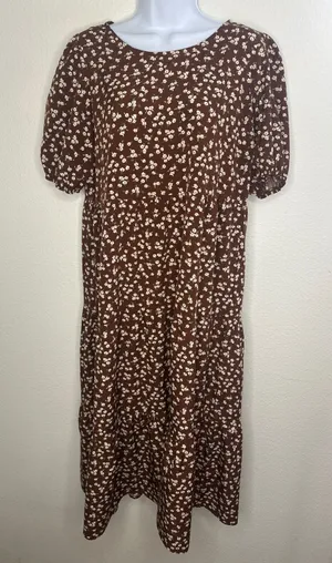 Solution Brown Floral Midi Dress Women's‎ Medium Puff Sleeve Casual Tiered thumbnail 1