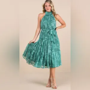 Lulus Float to You Green Floral Print Halter-Neck Tiered Midi Dress NWT XL thumbnail 7