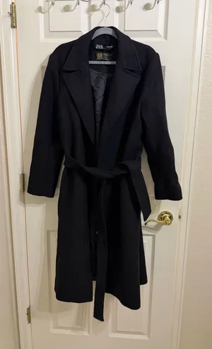 Zara Manteco Wool Wrap Black Long Length Coat thumbnail 1