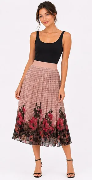 Metrowear Pink Floral Print Elastic Waist A-Line Midi Skirt thumbnail 1