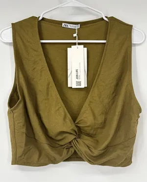 Zara Olive Twist-Front Crop Tank thumbnail 1
