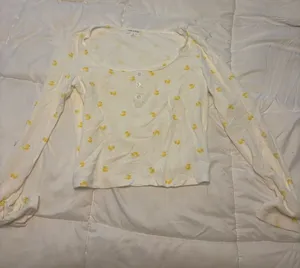 Pink Rose White Long Sleeve Henley Top with Yellow Daisy Embroidery thumbnail 1