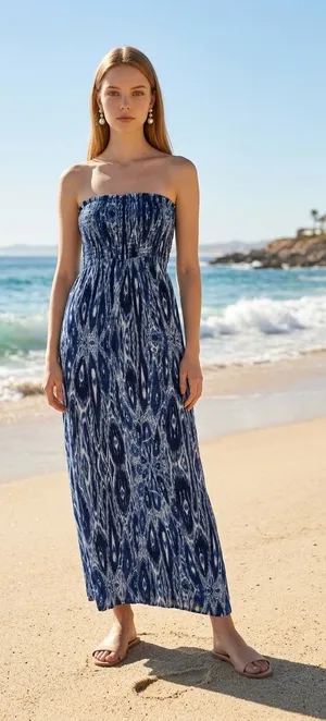 Velvet by Graham & Spencer Women’s Strapless Maxi Dress Blue White Ikat Print Size S thumbnail 1