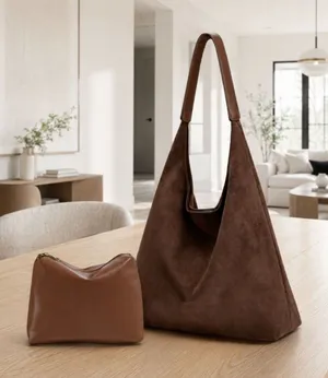 Coffee Brown Suede Slouchy Hobo Tote Crescent Bag Set + Mini Suede Shoulder Bag thumbnail 1