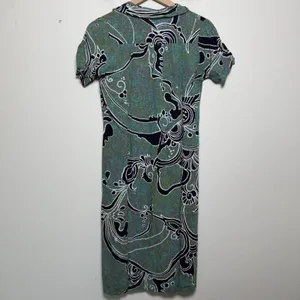 Women Shirt Midi Dress Medium Green Abstract Psychedelic Print Retro‎ Artsy thumbnail 4
