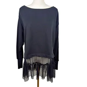 Anthropologie Black Tulle Sweatshirt Sheer Swiss Dot Ruffle Lace Oversized MED thumbnail 5