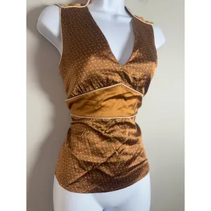 Original Penguin by Munsingwear Bronze Silk Polka Dot Sleeveless V-Neck Top 2 thumbnail 2