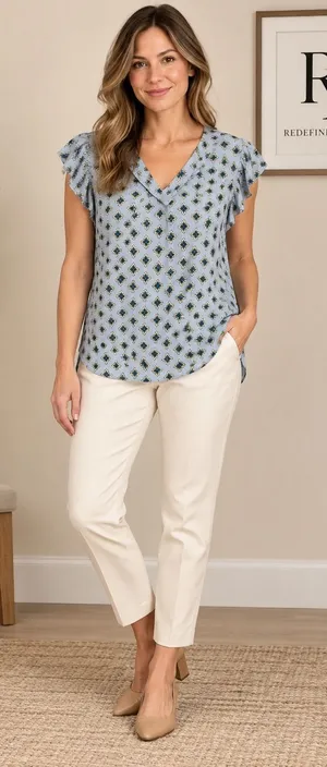 LOFT Womens Blue Geometric Medallion Ruffle Cap Sleeve Tie V-Neck Blouse Size M thumbnail 1