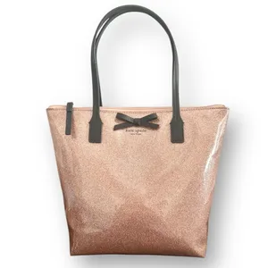 Kate Spade Rose Gold Glitter Small Tote Bag Sparkle Brown Bow‎ Holiday Party thumbnail 8