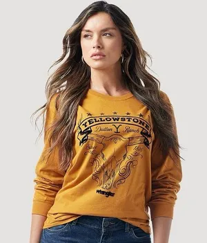 Wrangler Western Yellowstone Mountain Dutton Ranch Bull Skull Long Sleeve Top thumbnail 1