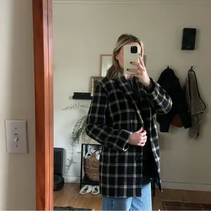 Derek Lam 10 Crosby Plaid Cocoon Coat Women's 4 Navy and Yellow Wool Blend Lined thumbnail 2