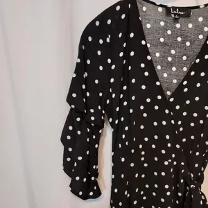 Lulu's Black White Polka Dot Tiered Ruffle 3/4 Sleeve Midi Tie Wrap Dress Small thumbnail 3