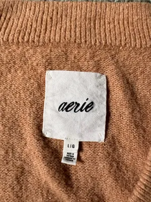 Aerie Women Tan Striped Oversized V-Neck Sweater Size L Cozy Slouchy Knit Soft thumbnail 5