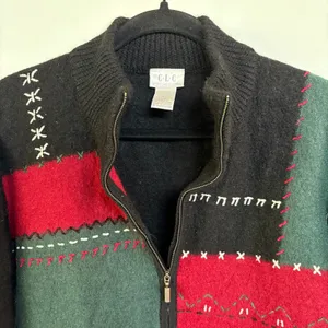 90's Wool Patchwork Jacket Boxy Zip Up Grandma Sweater Black Embroidered XL thumbnail 5