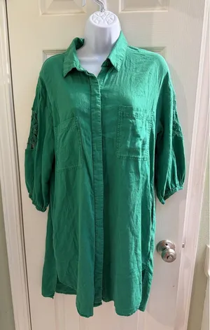 YFB Young Fabulous Broke Green Linen Dress Sz s Tunic Shirt Beachy‎ Lightweight thumbnail 1