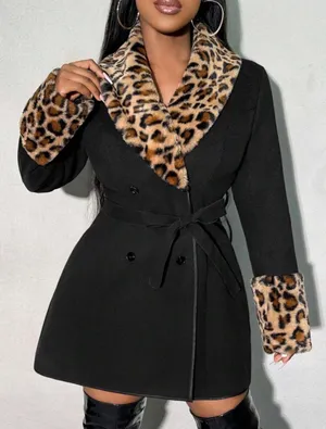 Black Women's Trench Coat with Leopard Faux-Fur Trim thumbnail 6