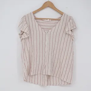 Jane + Delancey Blouse Womens M Tan Striped Flutter Sleeve Button-down Excellent thumbnail 2